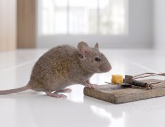 A close-up photograph of a brown mouse approaching a wooden mousetrap baited with a cube of cheese on a reflective white surface.