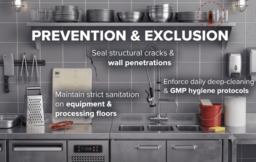 Infographic on commercial kitchen cockroach prevention and exclusion protocols.