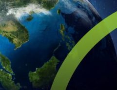 A wide-angle view of planet Earth from space, centered on Southeast Asia and the Indian Ocean, framed by a thick, curved lime green arch on the right. The background transitions into a dark, starry blue space, symbolizing global environmental protection and innovation.