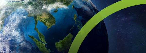 A wide-angle view of planet Earth from space, centered on Southeast Asia and the Indian Ocean, framed by a thick, curved lime green arch on the right. The background transitions into a dark, starry blue space, symbolizing global environmental protection and innovation.