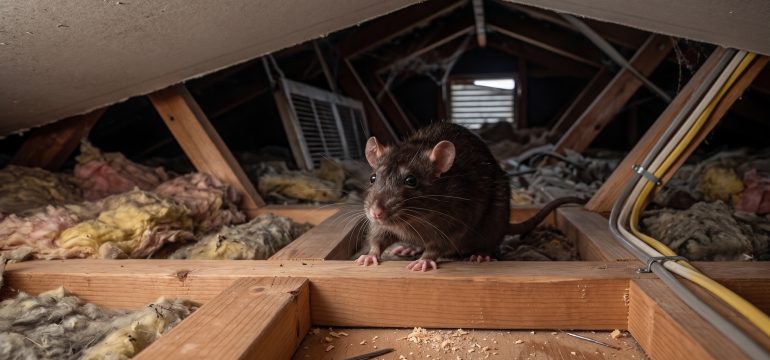 A dark brown rat resting on a wooden beam inside a dimly lit attic space with exposed beams and insulation.
